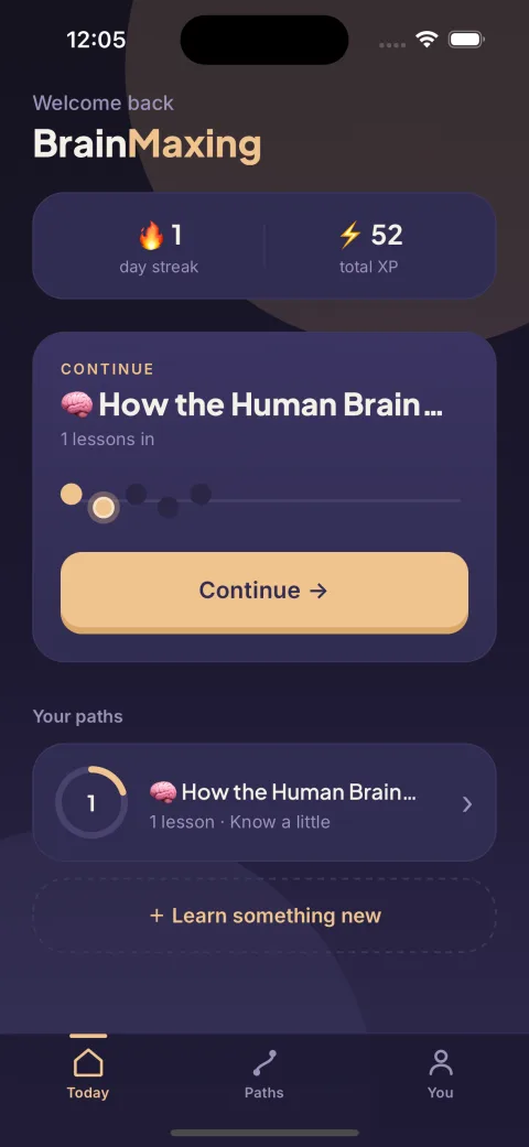 BrainMaxing home screen with streak and learning paths